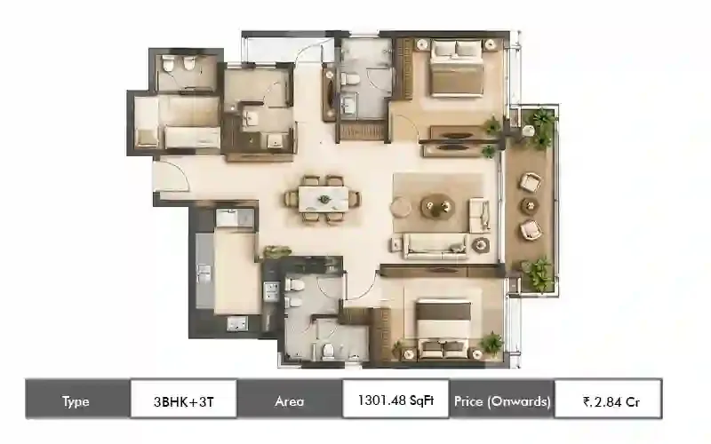 Emaar Elara 3 BHK + 3T floor plan, 1301 sq ft saleable area
