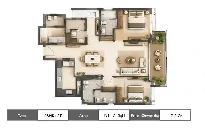 Emaar Elara 3 BHK + 3T floor plan, 1314 sq ft saleable area